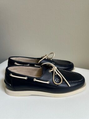 ZARA Men’s Navy Leather Boat Shoes with Cream Laces Size 12 (45) NEW!!